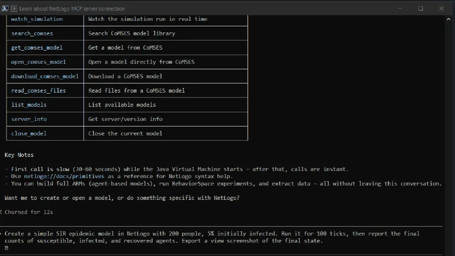 A recorded session: asked for an epidemic model, the assistant builds it in NetLogo and runs it