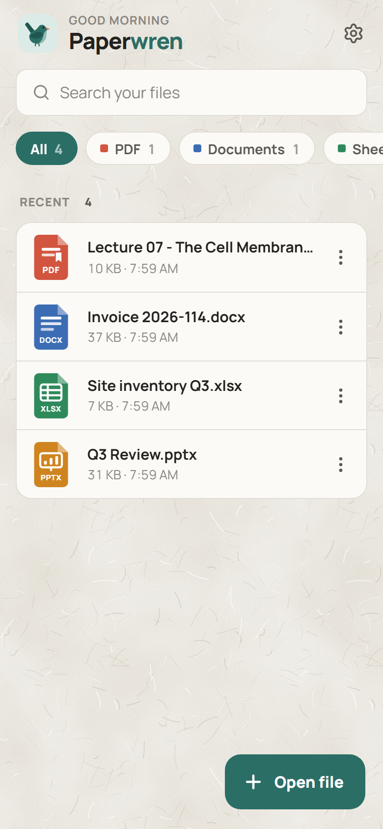 Paperwren's Android interface: recent documents and the file picker