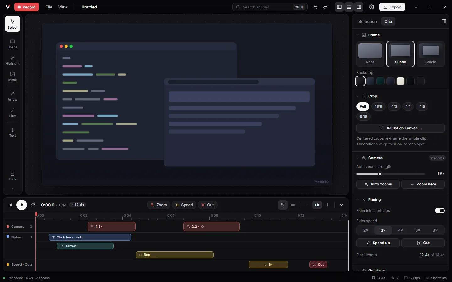 The Vuoom editor: a recording above its timeline of zoom blocks